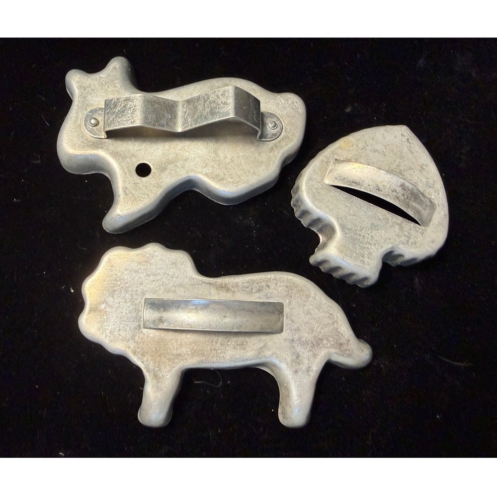 Vintage Aluminum Cookie Cutter 3 PC Set: Lion, Cow, Spade; Farmhouse Decor